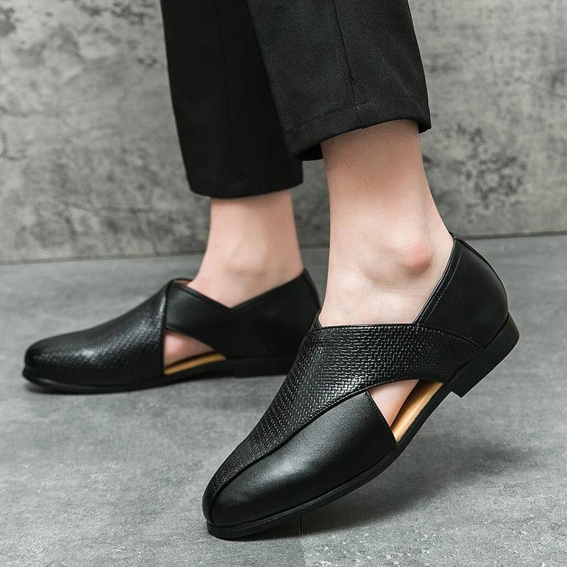 Men's Woven Cross-Strap Loafers in Premium Full-Grain Leather