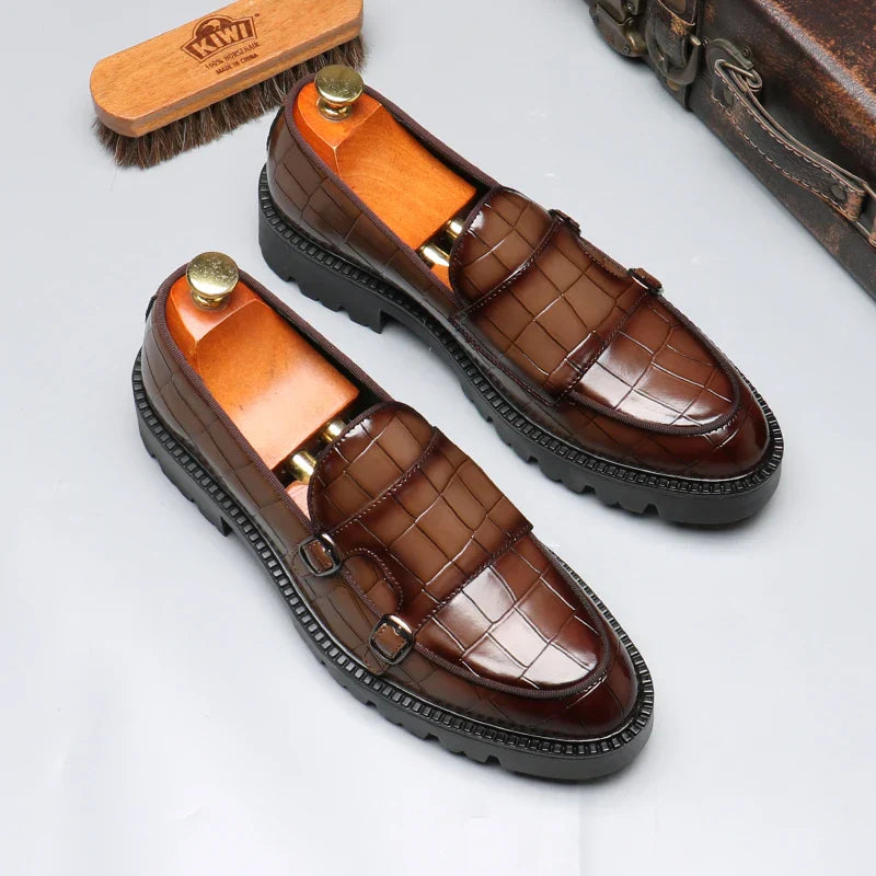 Crocodile-Embossed Dual Monk Strap Loafers for Men