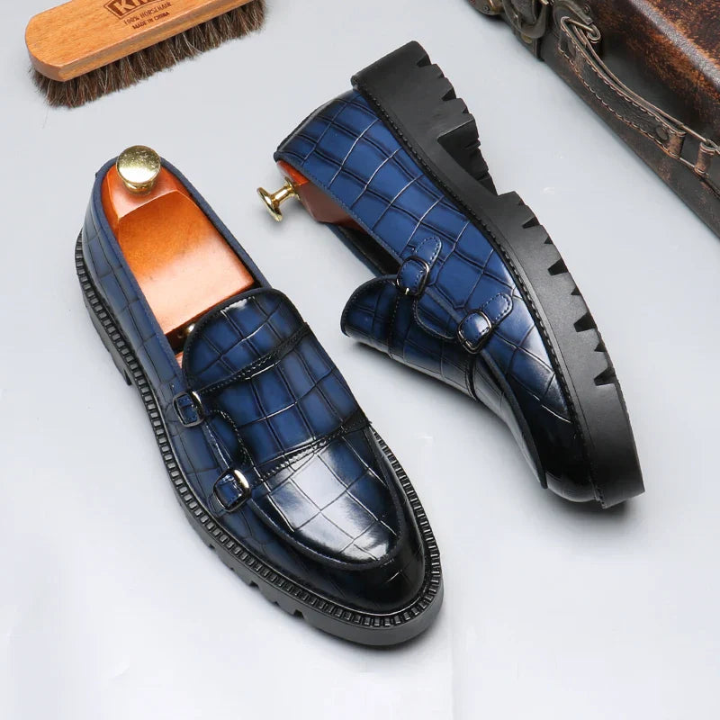 Crocodile-Embossed Dual Monk Strap Loafers for Men