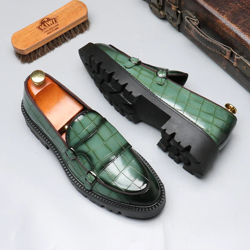 Crocodile-Embossed Dual Monk Strap Loafers for Men