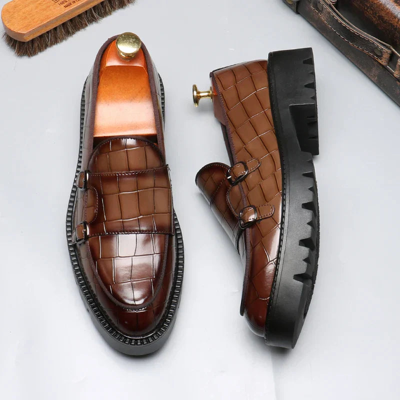 Crocodile-Embossed Dual Monk Strap Loafers for Men