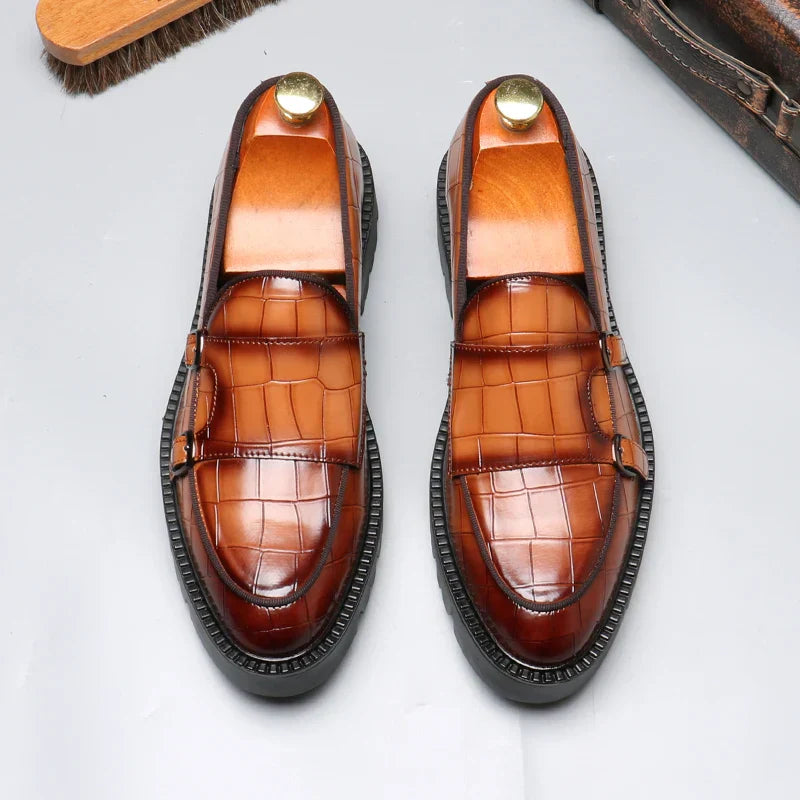 Crocodile-Embossed Dual Monk Strap Loafers for Men