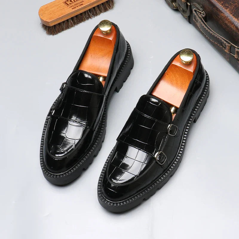 Crocodile-Embossed Dual Monk Strap Loafers for Men