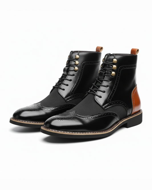 Men's Two-Tone Brogue Dress Boots with Wingtip Detailing