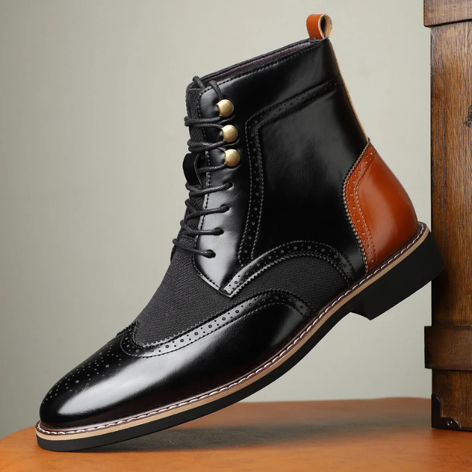 Men's Two-Tone Brogue Dress Boots with Wingtip Detailing