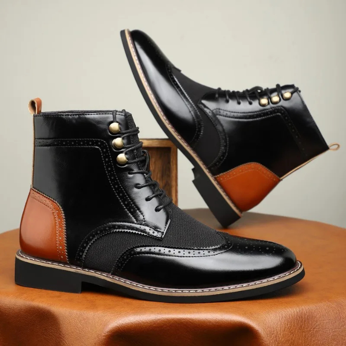 Men's Two-Tone Brogue Dress Boots with Wingtip Detailing
