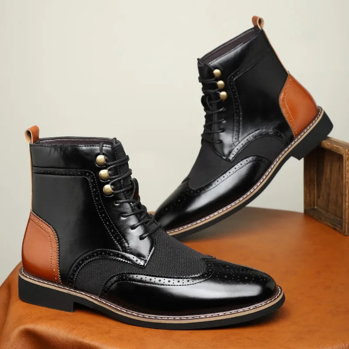 Men's Two-Tone Brogue Dress Boots with Wingtip Detailing