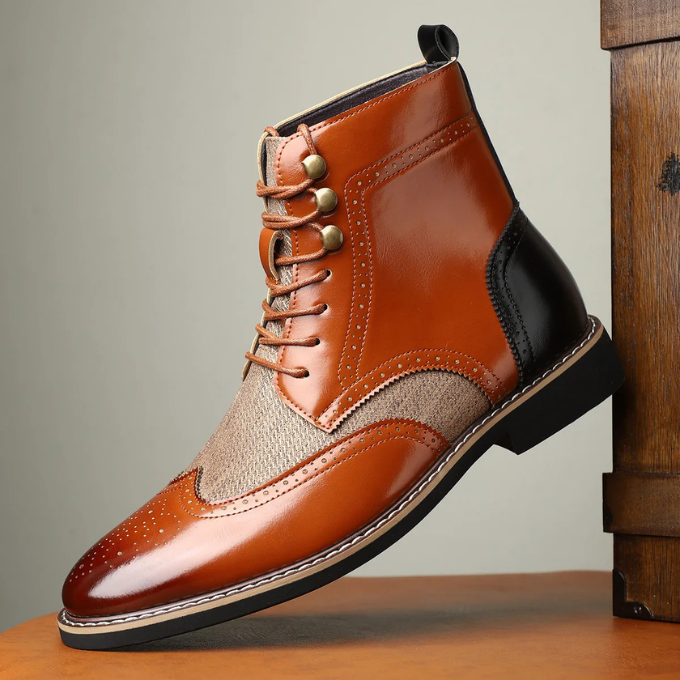 Men's Two-Tone Brogue Dress Boots with Wingtip Detailing