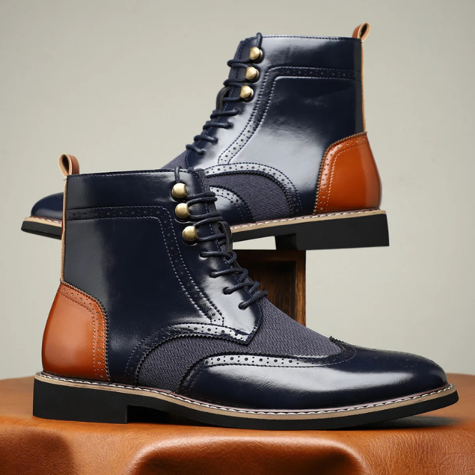 Men's Two-Tone Brogue Dress Boots with Wingtip Detailing