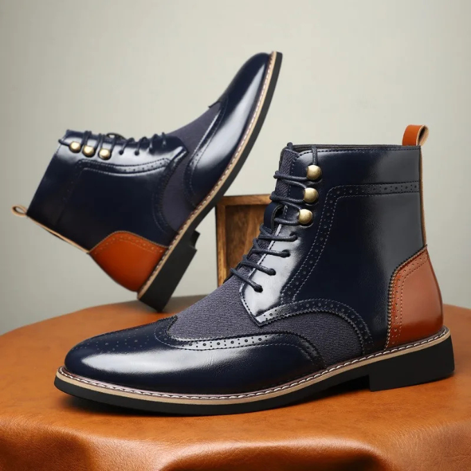 Men's Two-Tone Brogue Dress Boots with Wingtip Detailing