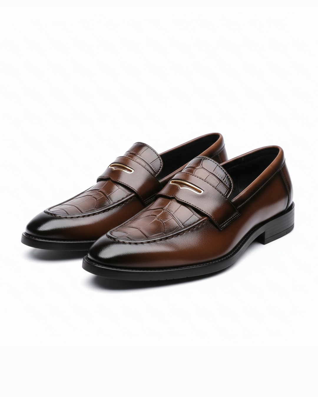 Croc-Embossed Genuine Leather Loafers with Gold Accent