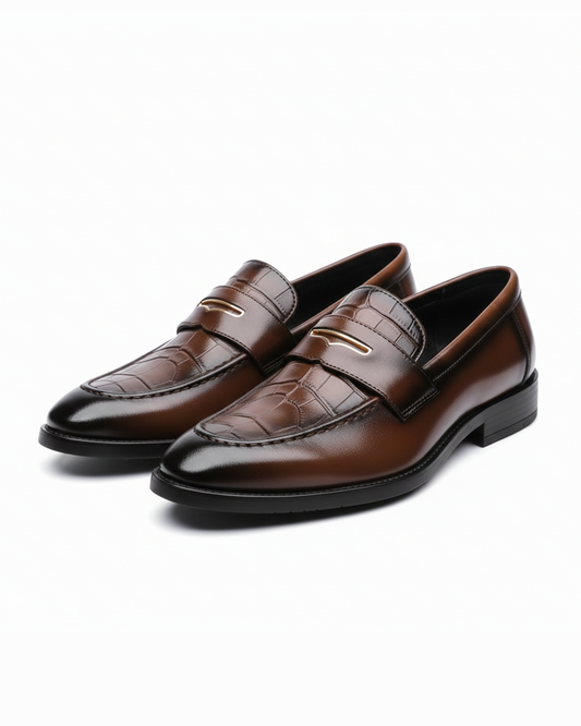 Croc-Embossed Genuine Leather Loafers with Gold Accent
