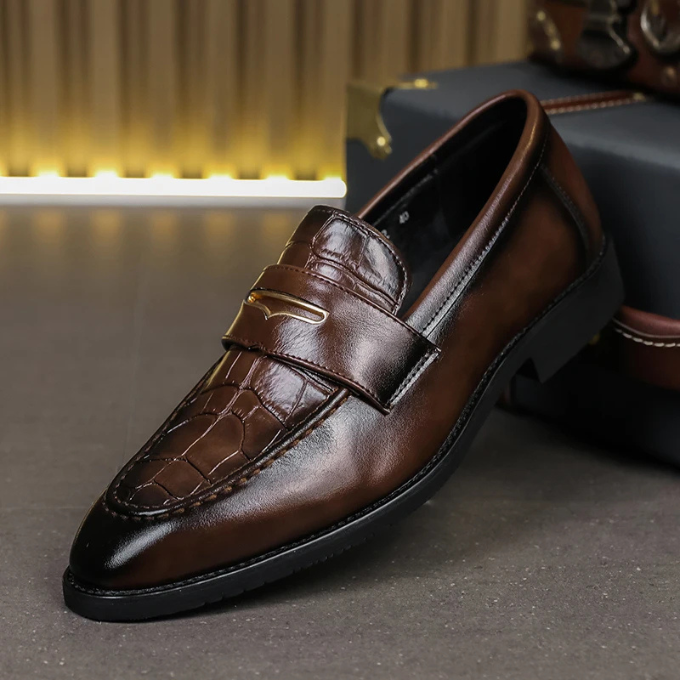 Croc-Embossed Genuine Leather Loafers with Gold Accent