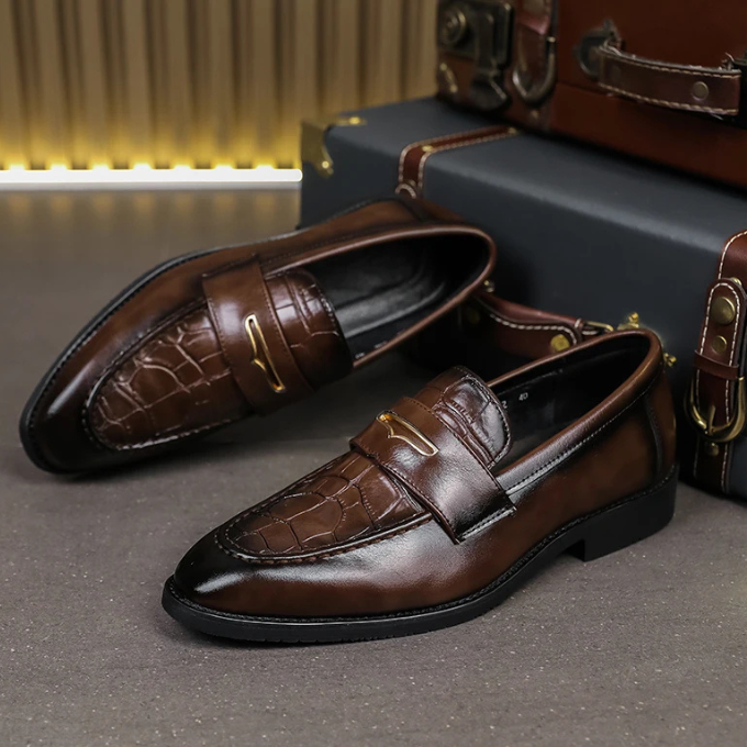 Croc-Embossed Genuine Leather Loafers with Gold Accent