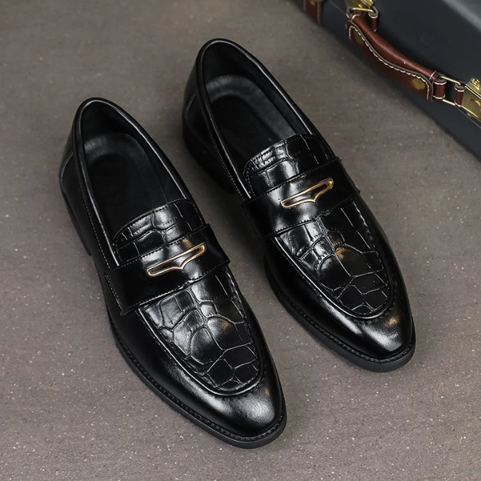 Croc-Embossed Genuine Leather Loafers with Gold Accent