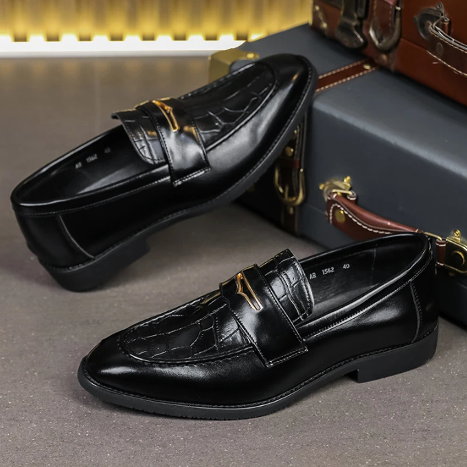 Croc-Embossed Genuine Leather Loafers with Gold Accent