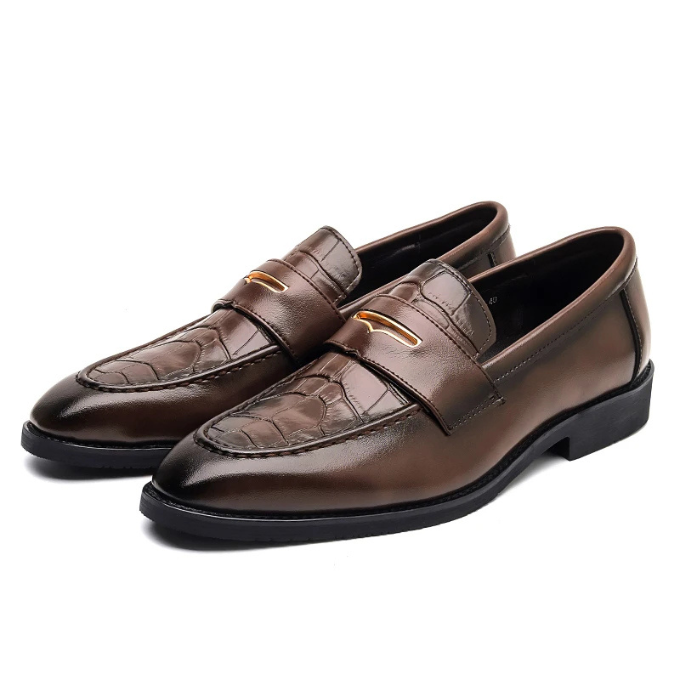 Croc-Embossed Genuine Leather Loafers with Gold Accent
