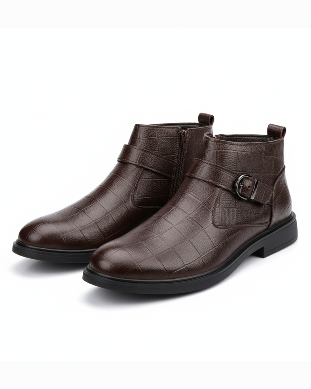 Men's Luxury Full-Grain Ankle Boots with Zipper and Adjustable Buckle