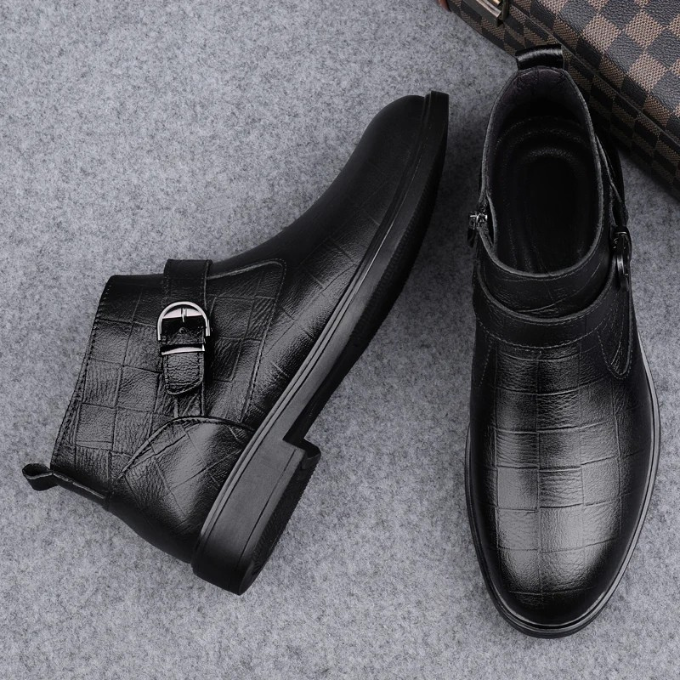 Men's Luxury Full-Grain Ankle Boots with Zipper and Adjustable Buckle