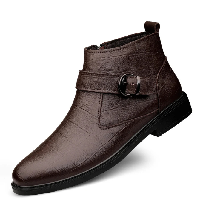 Men's Luxury Full-Grain Ankle Boots with Zipper and Adjustable Buckle