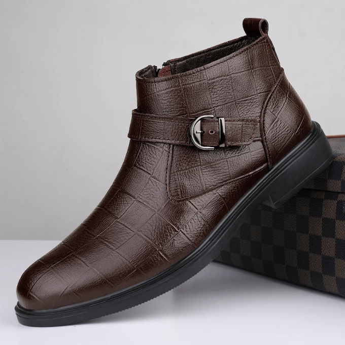 Men's Luxury Full-Grain Ankle Boots with Zipper and Adjustable Buckle