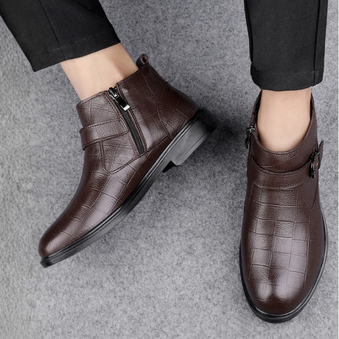 Men's Luxury Full-Grain Ankle Boots with Zipper and Adjustable Buckle