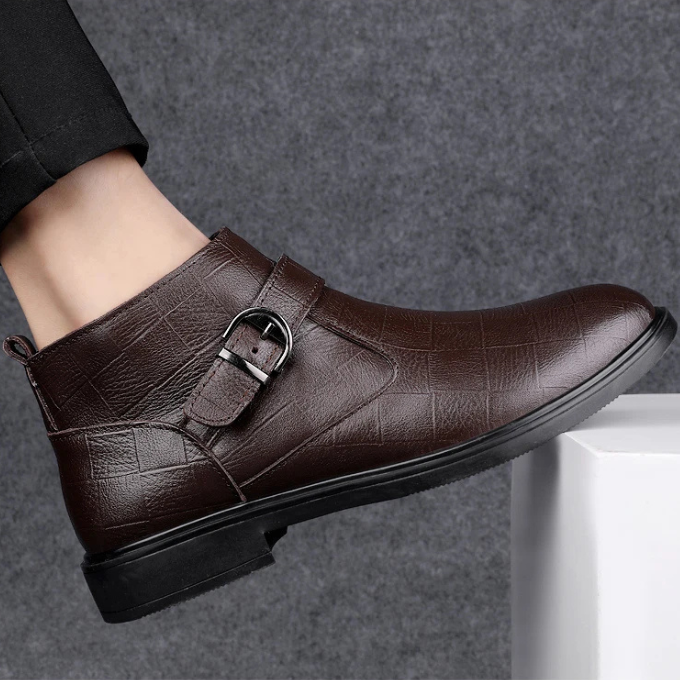 Men's Luxury Full-Grain Ankle Boots with Zipper and Adjustable Buckle