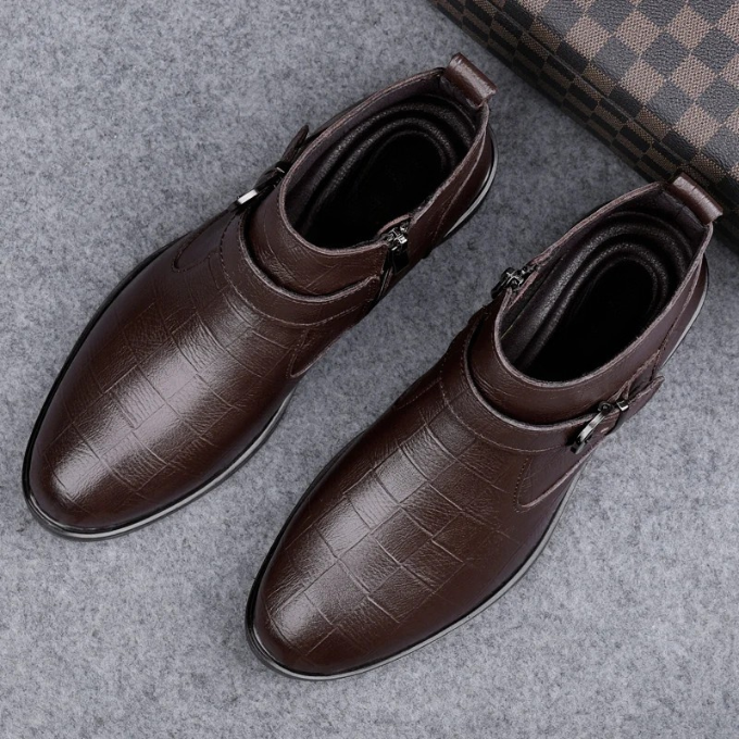 Men's Luxury Full-Grain Ankle Boots with Zipper and Adjustable Buckle