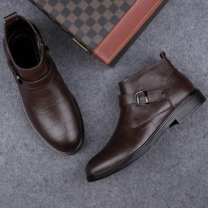 Men's Luxury Full-Grain Ankle Boots with Zipper and Adjustable Buckle
