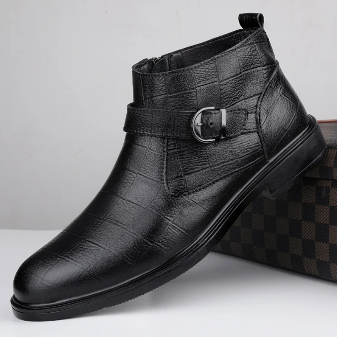 Men's Luxury Full-Grain Ankle Boots with Zipper and Adjustable Buckle