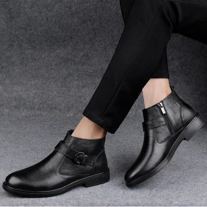 Men's Luxury Full-Grain Ankle Boots with Zipper and Adjustable Buckle