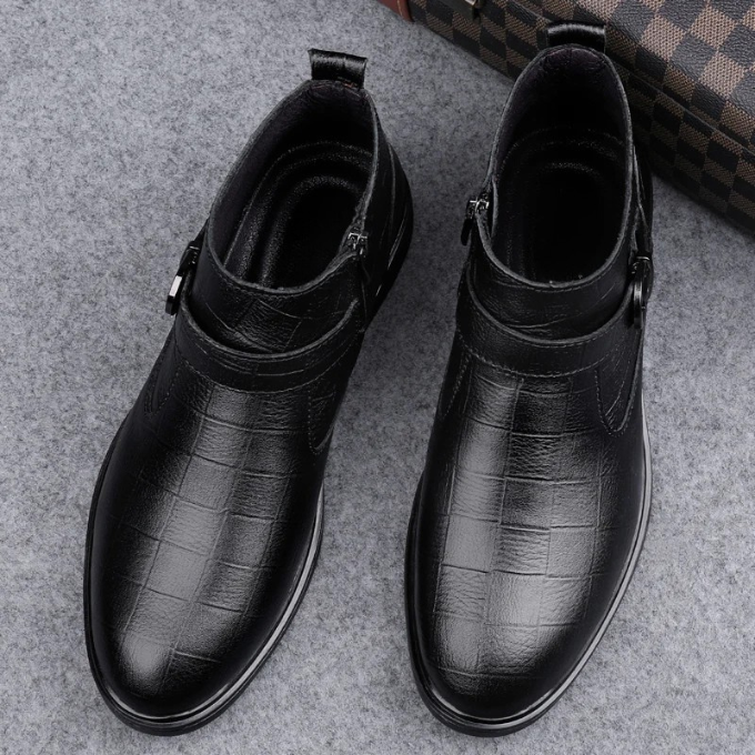 Men's Luxury Full-Grain Ankle Boots with Zipper and Adjustable Buckle