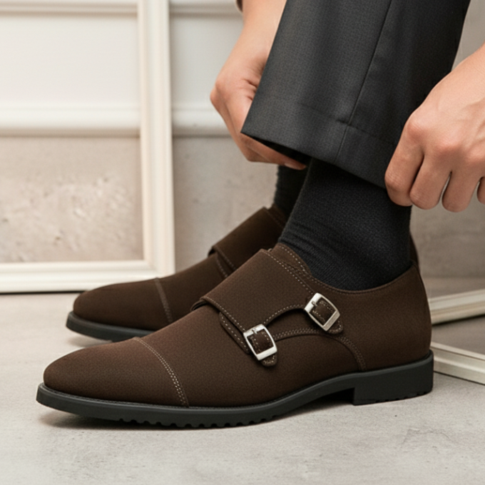 Men's Double Monk Strap Dress Shoes in Dark Brown and Black