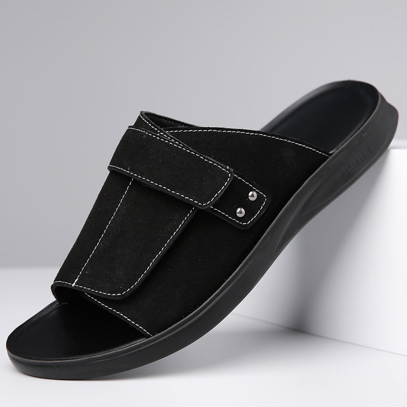 Adjustable Men's Slide Sandals in Black, Gray, and Brown