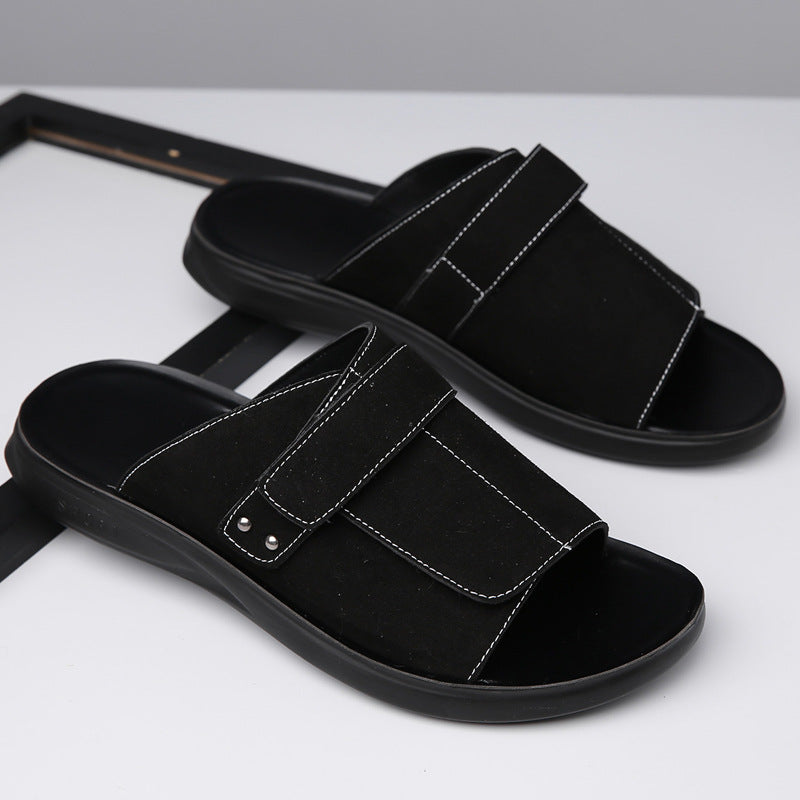 Adjustable Men's Slide Sandals in Black, Gray, and Brown