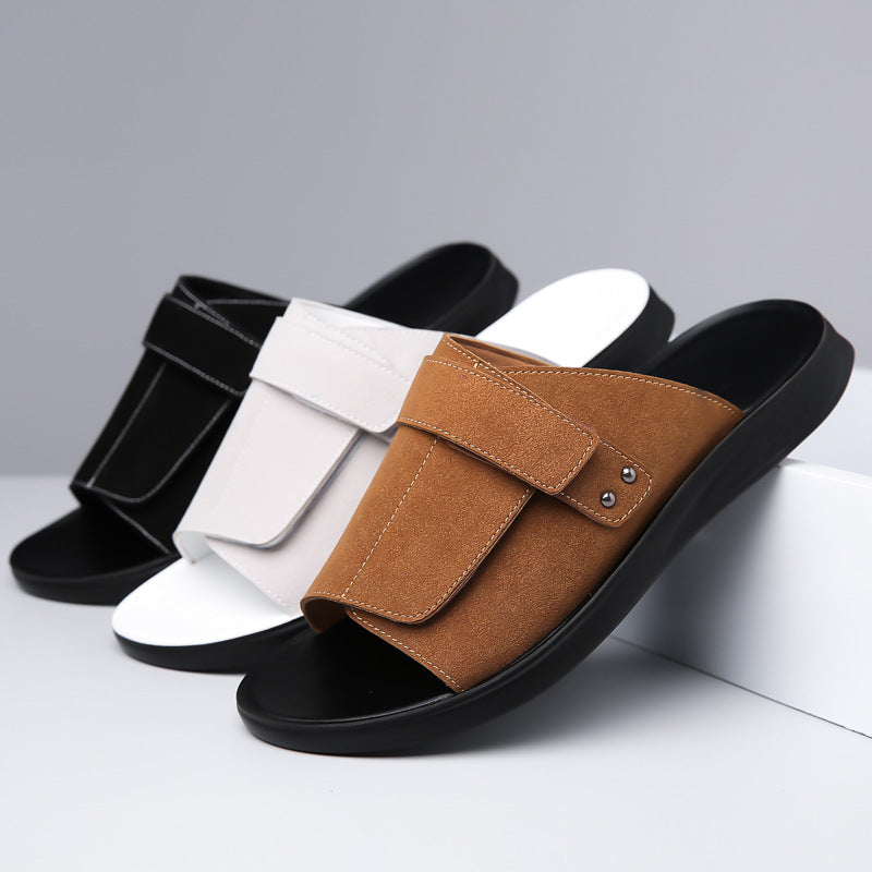 Adjustable Men's Slide Sandals in Black, Gray, and Brown