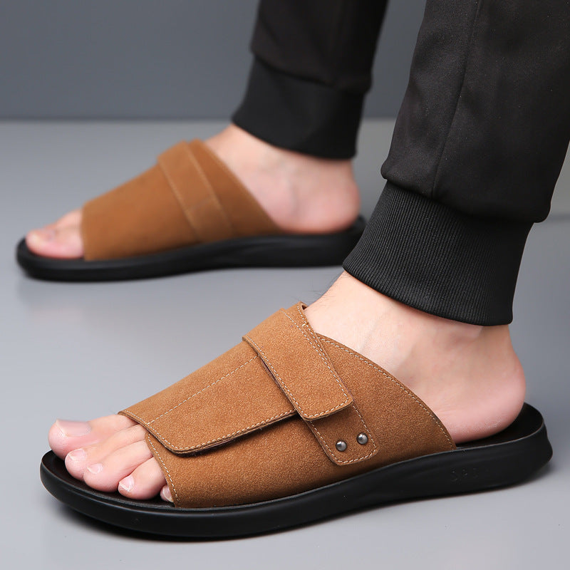 Adjustable Men's Slide Sandals in Black, Gray, and Brown