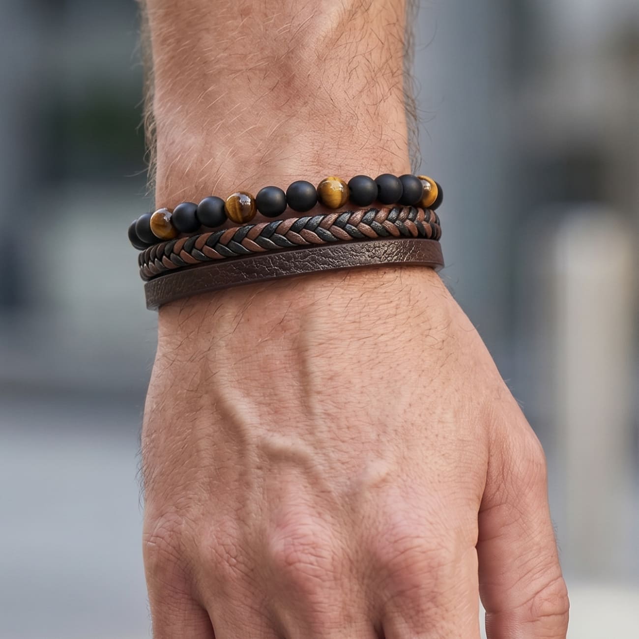 Faux Leather Men's Bracelet Set with Pearl Accents