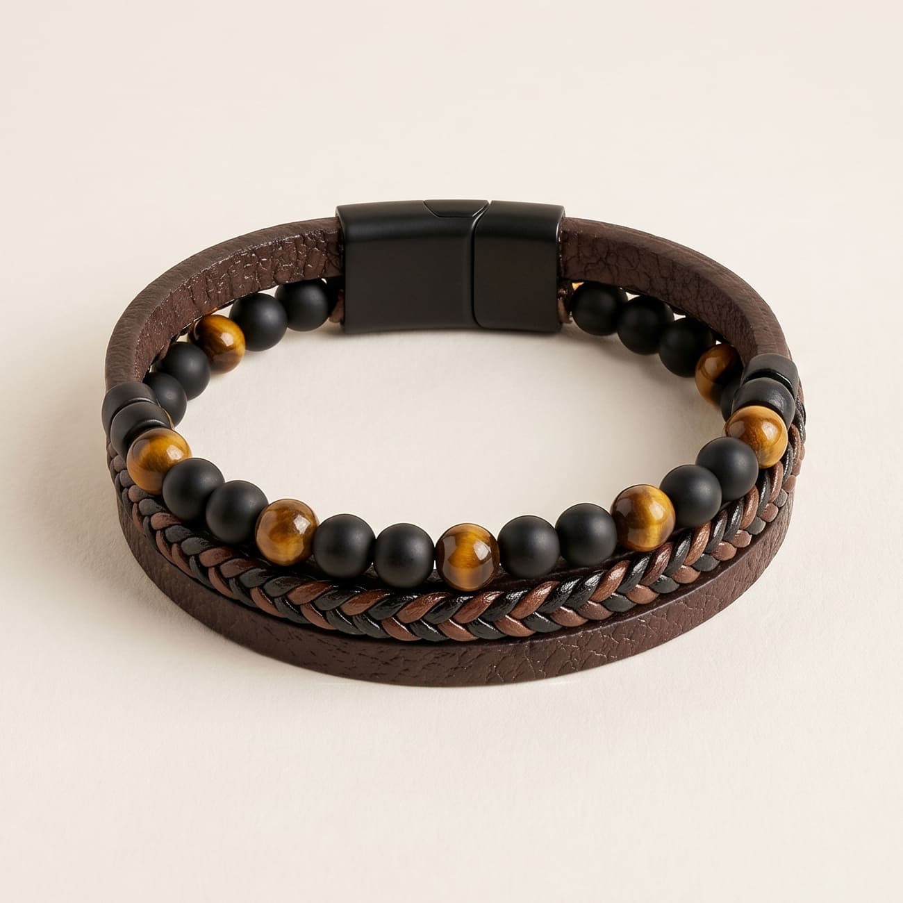 Faux Leather Men's Bracelet Set with Pearl Accents