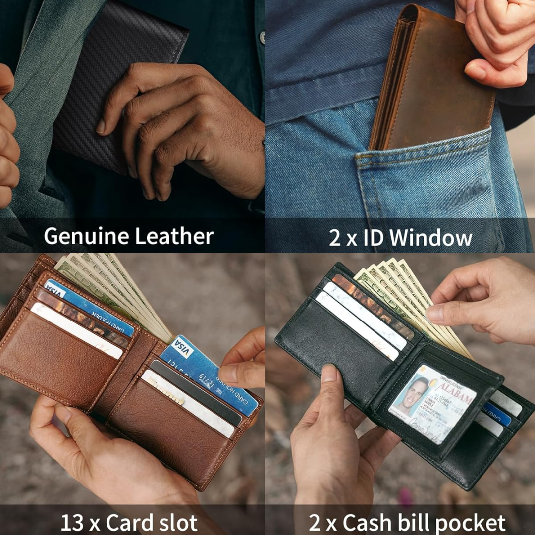 Men's Slim Bifold Genuine Leather RFID Wallet with 13 Card Slots