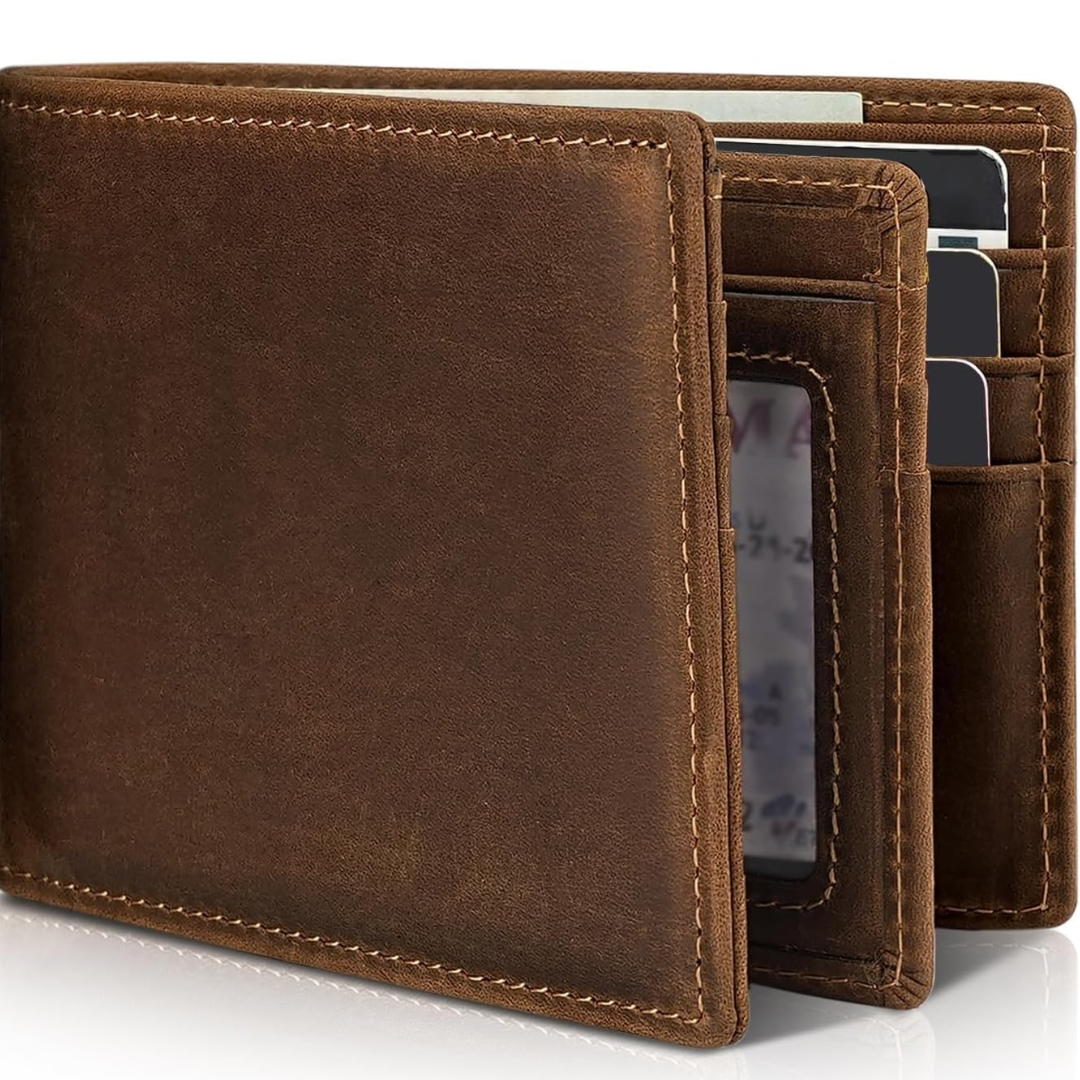 Men's Slim Bifold Genuine Leather RFID Wallet with 13 Card Slots