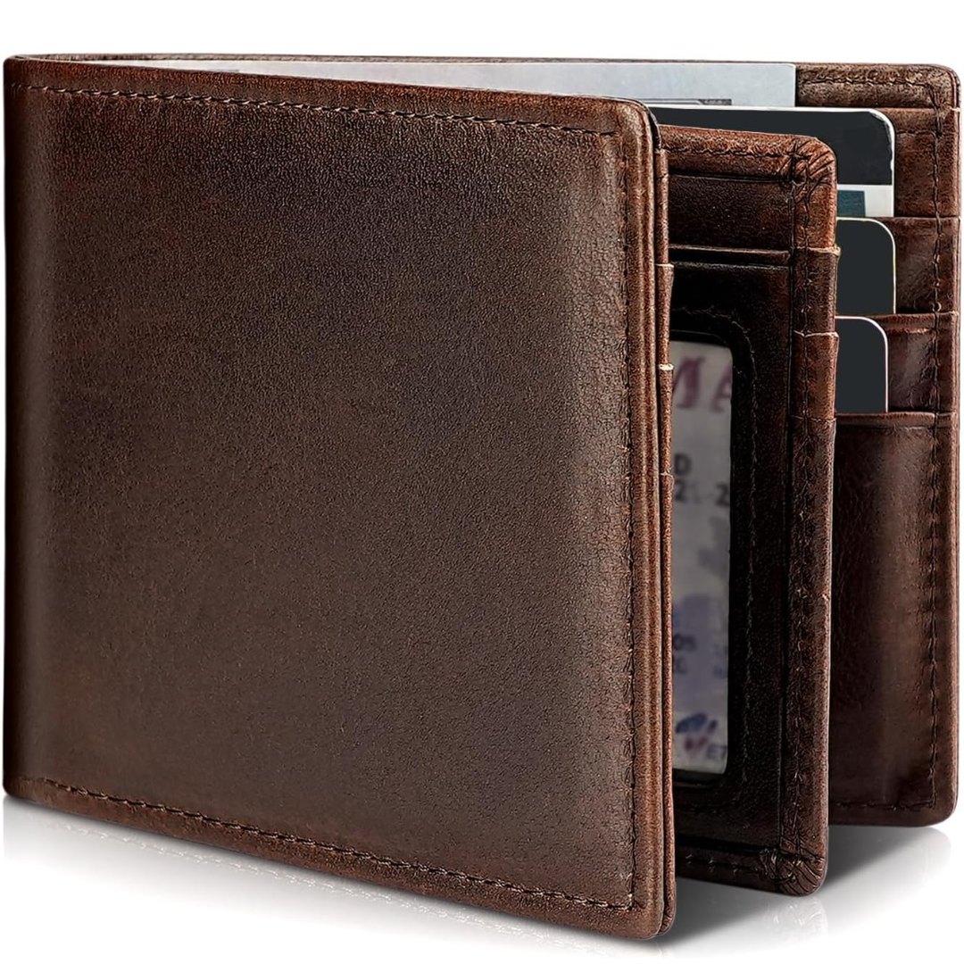 Men's Slim Bifold Genuine Leather RFID Wallet with 13 Card Slots
