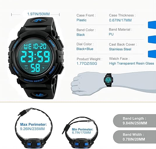 Men's Waterproof Military Digital Sports Watch with LED Display