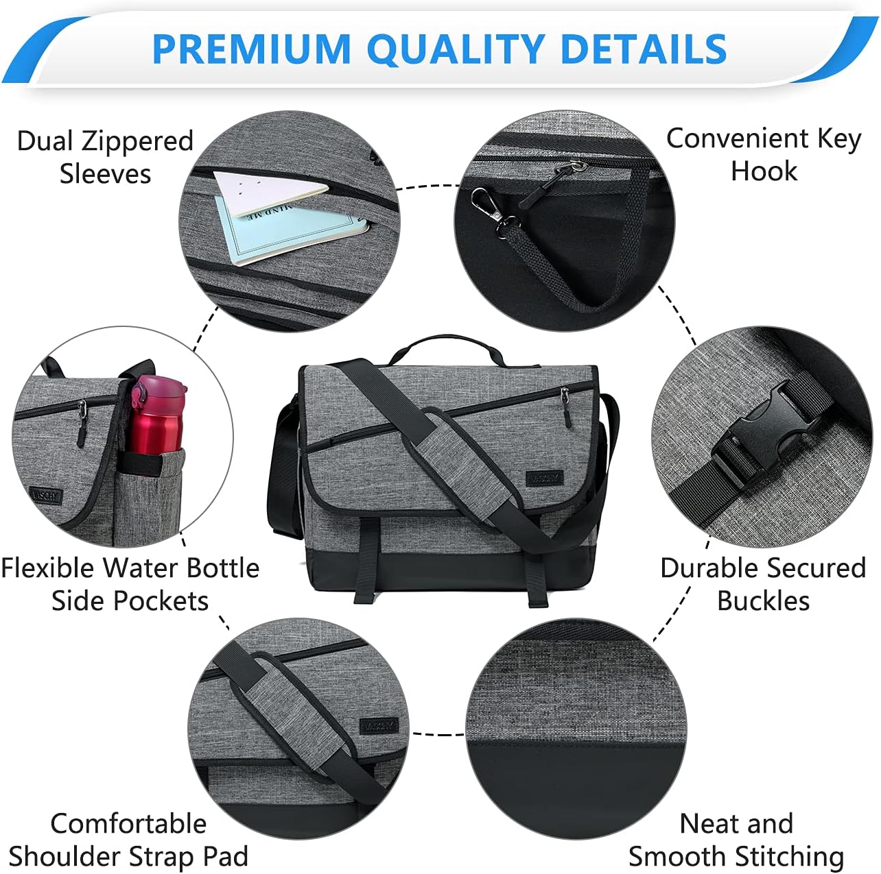 Water-Resistant Messenger Bag for 17-Inch Laptops with Adjustable Strap