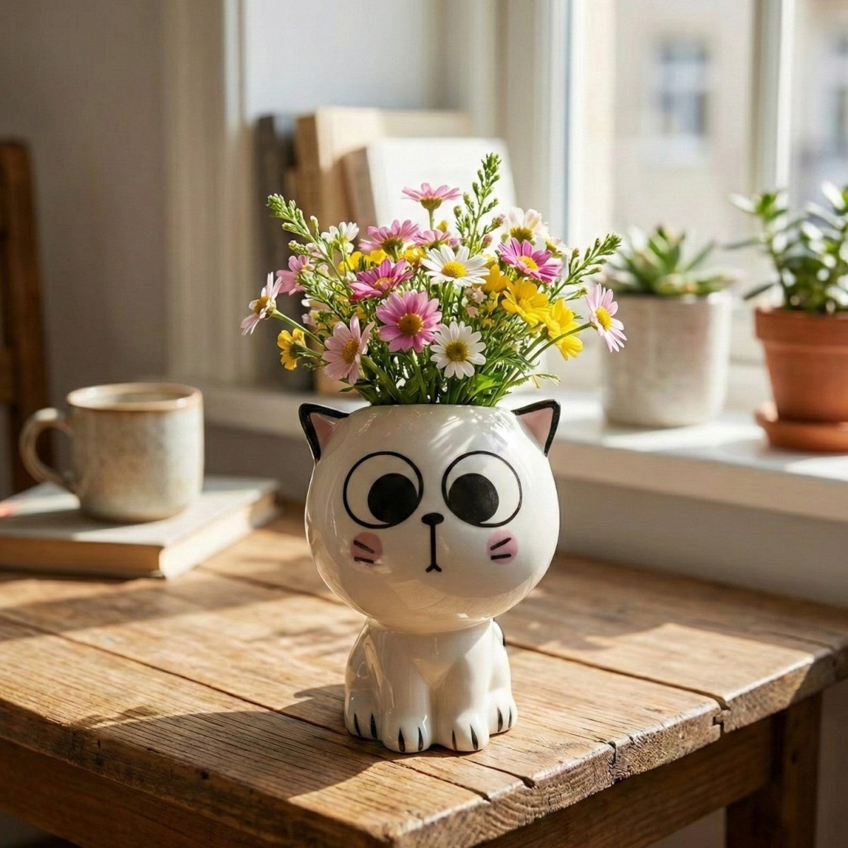 Cat-Shaped Ceramic Flowerpot for Small Plants