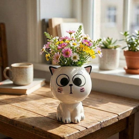 Cat-Shaped Ceramic Flowerpot for Small Plants