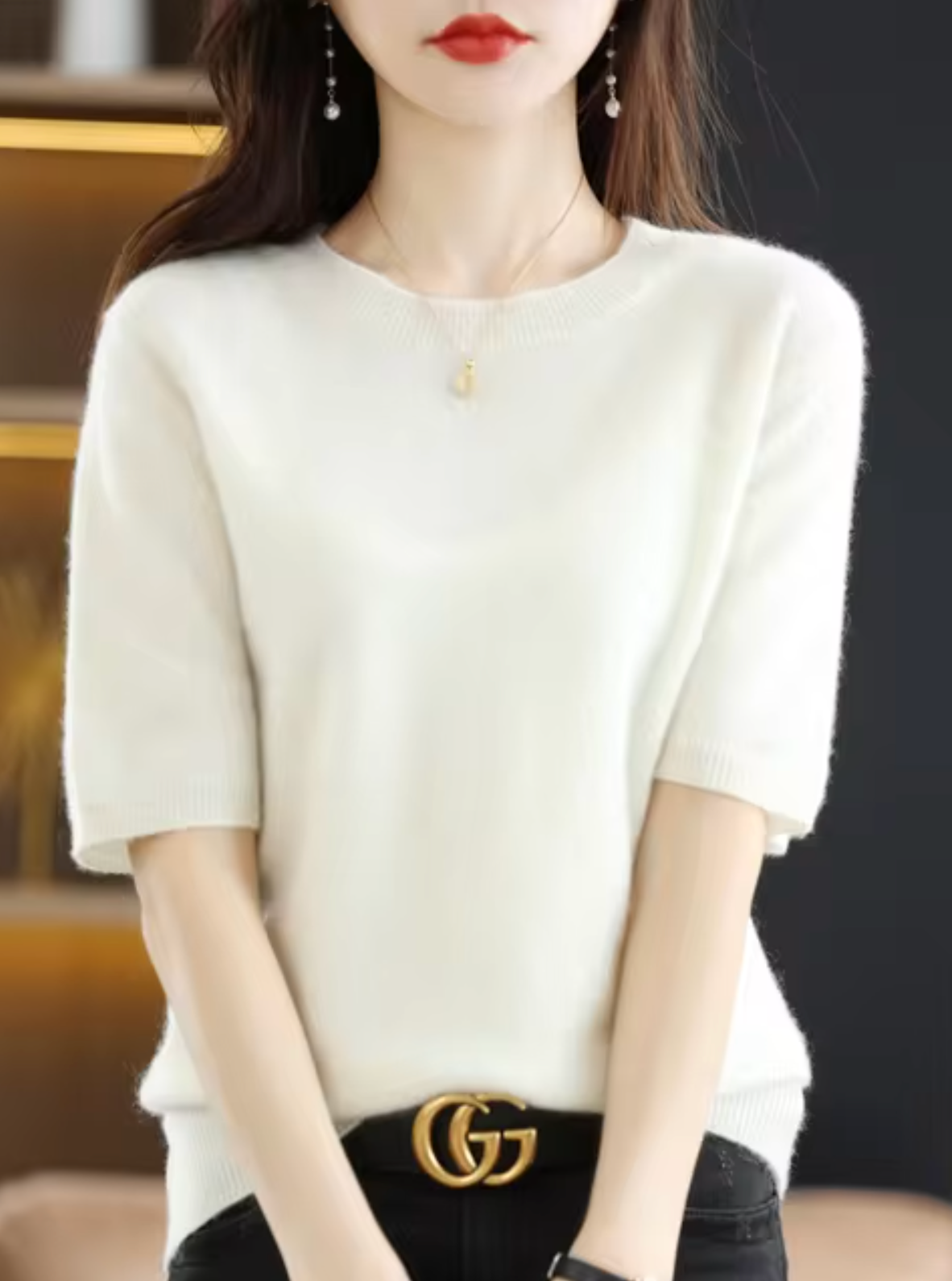 Short-Sleeved Wool Cashmere Sweater for Transitional Weather