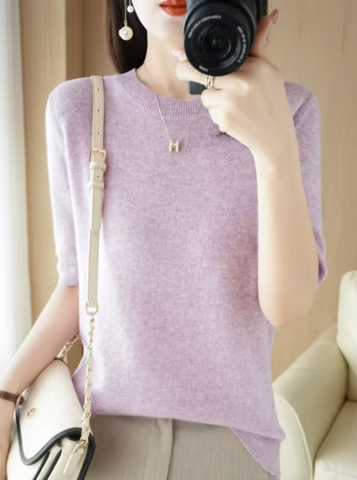 Short-Sleeved Wool Cashmere Sweater for Transitional Weather