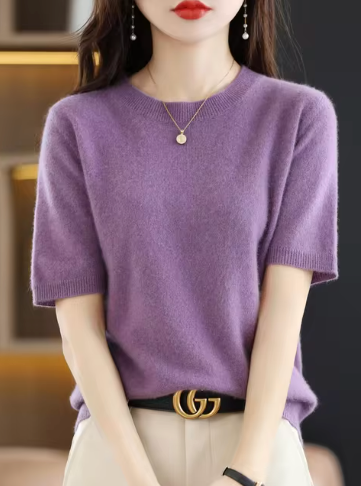 Short-Sleeved Wool Cashmere Sweater for Transitional Weather