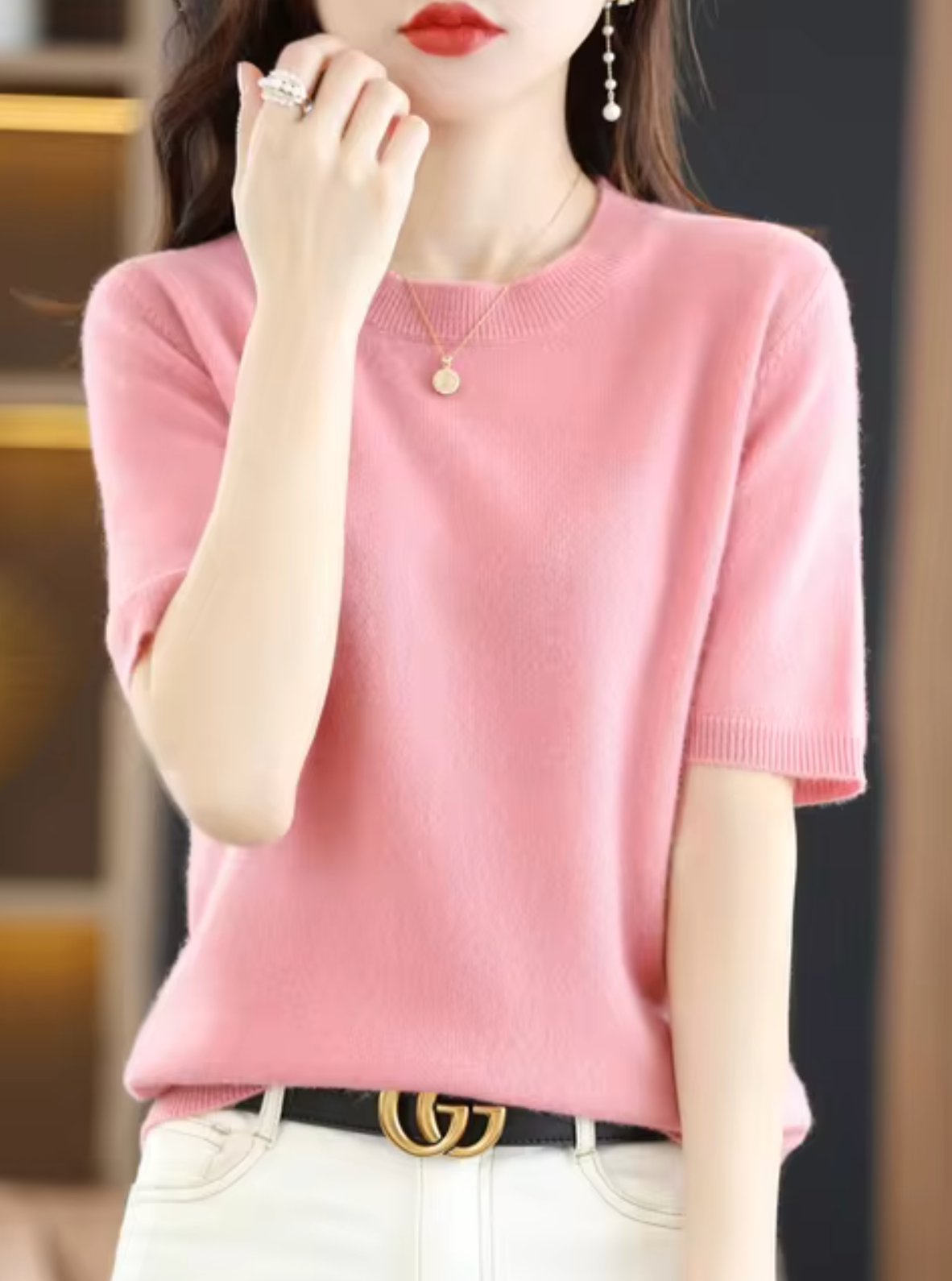 Short-Sleeved Wool Cashmere Sweater for Transitional Weather